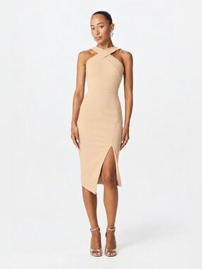 Lavish Alice Sand Crossover Halter Midi Dress Size 0 NWT